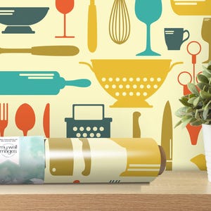 Retro Kitchen Tools Wallpaper | Modern Colorful Cooking Peel and Stick Mural | Pantry Decor (MW1311)