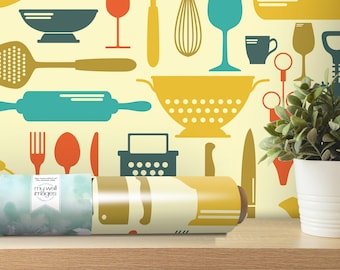Retro Kitchen Tools Wallpaper | Modern Colorful Cooking Peel and Stick Mural | Pantry Decor (MW1311)