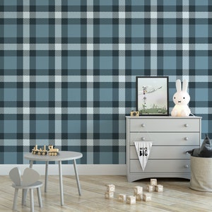 Blue Plaid Removable Wallpaper, Wall Art, Peel and Stick Wallpaper, Mural, Nursery, Room Decor, Accent Wall, MW1225 image 1