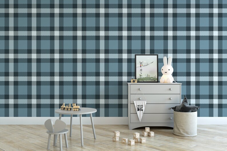 Blue Plaid Removable Wallpaper, Wall Art, Peel and Stick Wallpaper, Mural, Nursery, Room Decor, Accent Wall, MW1225 image 1