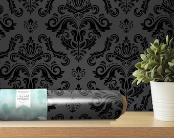 Vintage Dark Damask Wallpaper | Luxurious Black Peel and Stick Mural | Victorian Decor (MW1547)