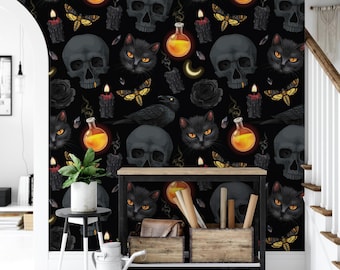 Fototapeta na Halloween z krukiem i czaszkami | Odklejana i przyklejana jesienna dekoracja w stylu creepy (MW1914)
