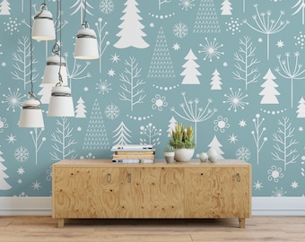 White Christmas Trees, Removable Wallpaper, Wall Art, Peel and Stick Wallpaper,  Mural, Accent Wall, MW1204