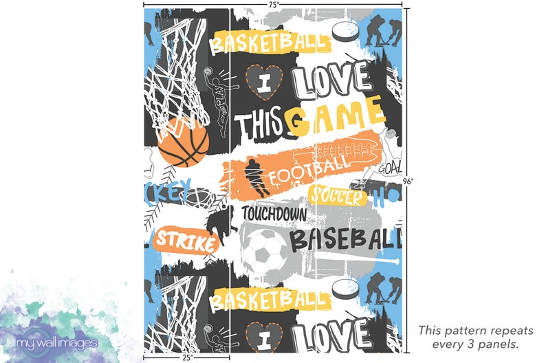 Sport Slogans Basketball Hockey Soccer Football, Removable Wallpaper, Peel and Stick Wallpaper, Sports Wallpaper, Kids Room, Accent, MW1449 image 3
