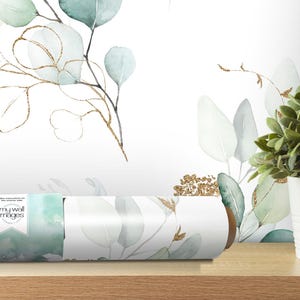 Gorgeous Green and Gold Eucalyptus Leaf Wallpaper | Botanical Peel and Stick Mural (MW1316L)