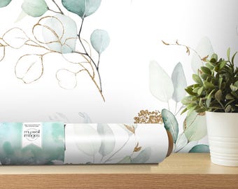 Gorgeous Green and Gold Eucalyptus Leaf Wallpaper | Botanical Peel and Stick Mural (MW1316L)
