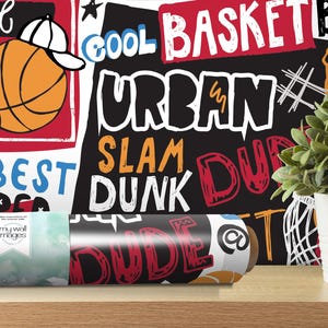 a wall with a bunch of signs and a potted plant