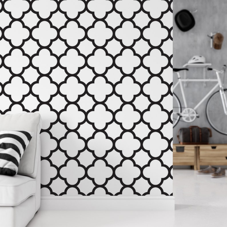 Wallpaper Peel and Stick Wallpaper Quatrefoil Pattern Black Etsy