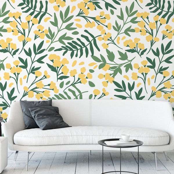 Yellow and Green Folk Art Floral Removable Wallpaper, Wall Art, Peel & Stick Wallpaper, Mural, Living Room, Room Decor, Accent Wall MW1197