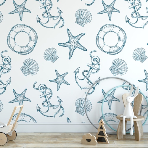 Wallpaper Peel and Stick Wallpaper Large Seashell Starfish and Etsy