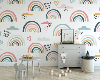 Rainbows and Hearts Removable Wallpaper, Wall Art, Peel and Stick Wallpaper,  Mural, Nursery, Decor, Accent Wall, MW1577