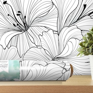 Black and White Large Floral  Removable Wallpaper, Wall Art, Peel and Stick Wallpaper, Room Decor, Accent Wall, MW1426