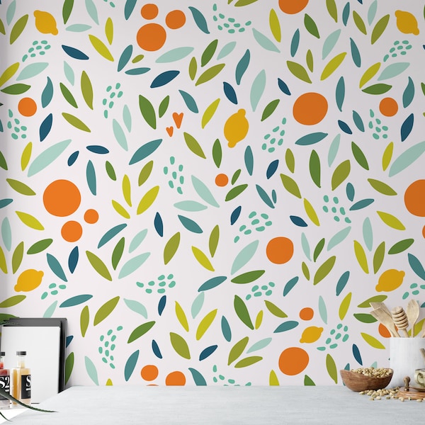 Cute Lemon and Orange Removable Wallpaper, Wall Art, Peel and Stick Wallpaper,  Mural, Kitchen, Room Decor,  Accent, MW1165