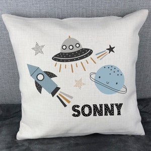 Personalised space cushion, rocket theme present, gift for children, birthday gift for space fan, planet cushion,  christening gift.