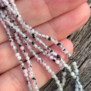 Faceted beads White Moonstone and natural black tourmaline 2.3mm, moonstone light natural blue reflections, gem jewelry creation, image 4