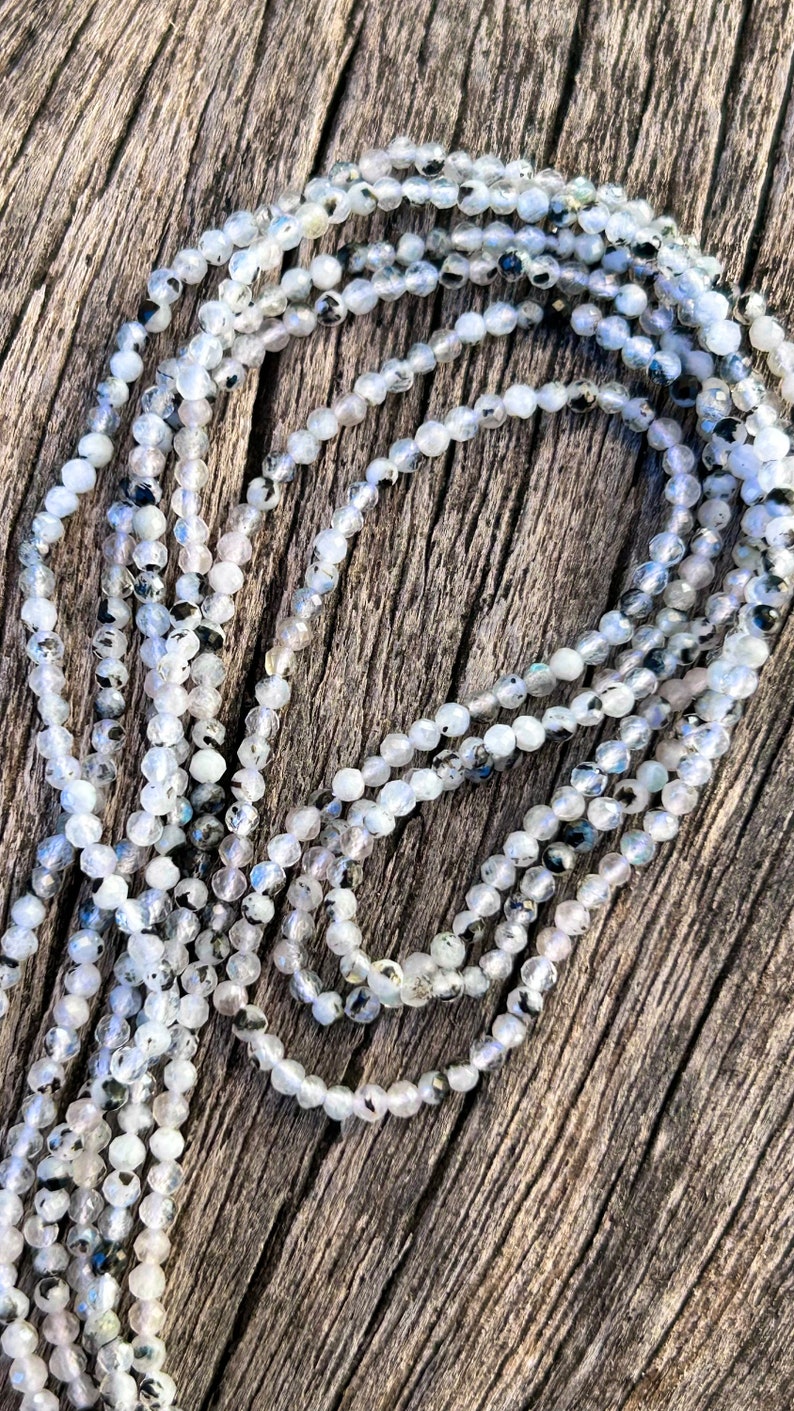 Faceted beads White Moonstone and natural black tourmaline 2.3mm, moonstone light natural blue reflections, gem jewelry creation, image 2