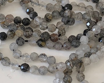 10 Perles 3mm Quartz Rutile noir facettées, pierre naturelle 3 mm, 10 perles Quartz Rutile noir facettes gemme naturelle 3mm