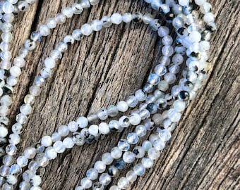 Faceted beads White Moonstone and natural black tourmaline 2.3mm, moonstone light natural blue reflections, gem jewelry creation,