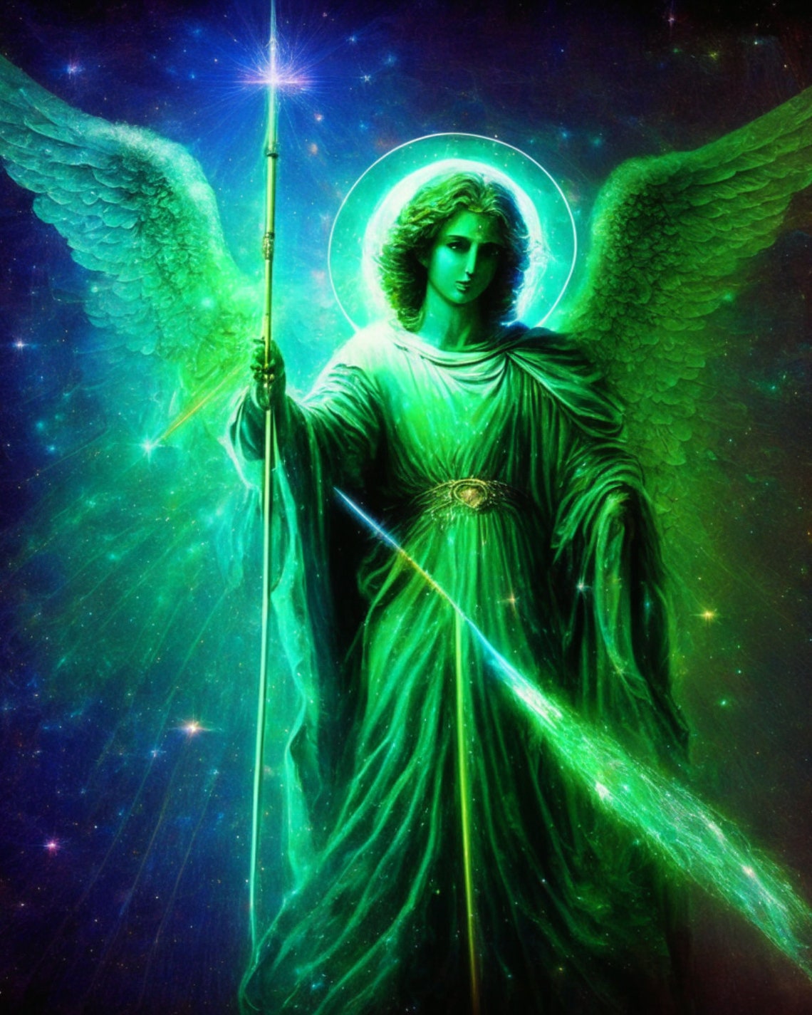 Può includere: Un angelo verde con le ali spiegate, che tiene una lancia, si erge su uno sfondo blu stellato. L'angelo ha un'aureola e un'espressione serena.