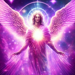 Puede incluir: Un ángel brillante con grandes alas rosadas se encuentra en un campo de estrellas. El ángel tiene el pelo largo y rubio y lleva una túnica rosa fluida. El corazón del ángel brilla intensamente.