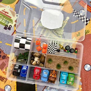 May include: A clear plastic organizer filled with toy race cars, miniature traffic cones, checkered flags, and other racing-themed accessories. The organizer is open, revealing various compartments with different items, including small rocks and artificial plants.