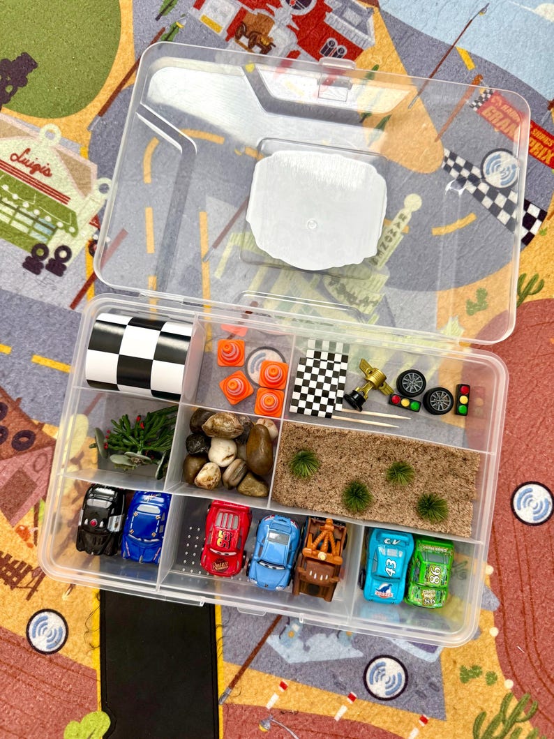 May include: A clear plastic organizer filled with toy race cars, miniature traffic cones, checkered flags, and other racing-themed accessories. The organizer is open, revealing various compartments with different items, including small rocks and artificial plants.
