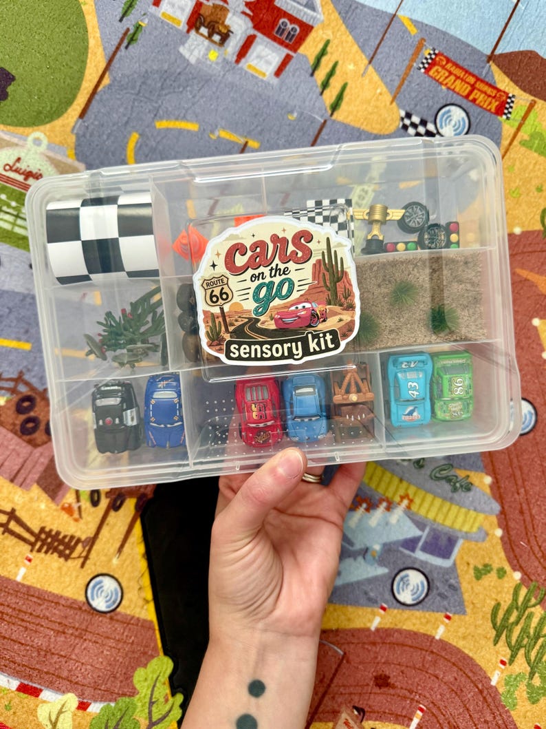 May include: A clear plastic organizer filled with toy cars and accessories. The organizer includes a sticker that says "Cars on the Go Sensory Kit". The kit contains toy cars, a checkered flag, and miniature race track elements.