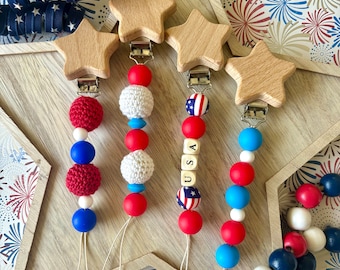 USA pacifier clips- patriotic- babies- pacifier holder- pacifiers- gifts for baby shower- baby announcement prop- red white and blue- gifts