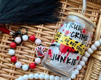 True Crime Junkie Glass Cup (16oz) & Silicone Wristlet