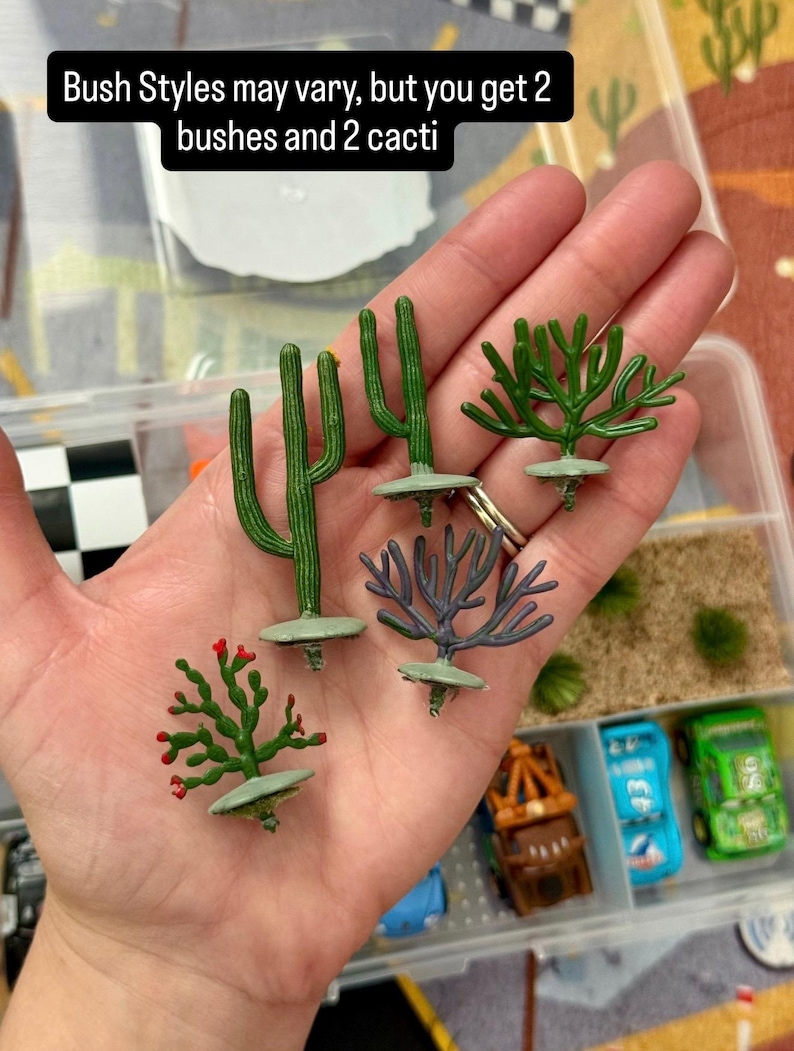 May include: Miniature green cacti and bushes in a clear plastic container. The text in the image reads "Bush Styles may vary, but you get 2 bushes and 2 cacti."