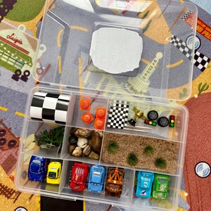 May include: A clear plastic organizer filled with toy race cars, cones, a checkered flag, and other racing-themed accessories. The cars are various colors, including blue, yellow, red, and green. The organizer is on a colorful rug.