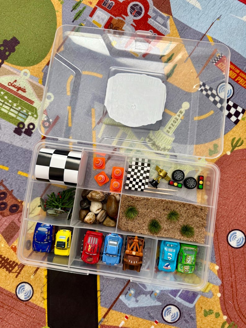 May include: A clear plastic organizer filled with toy race cars, cones, a checkered flag, and other racing-themed accessories. The cars are various colors, including blue, yellow, red, and green. The organizer is on a colorful rug.
