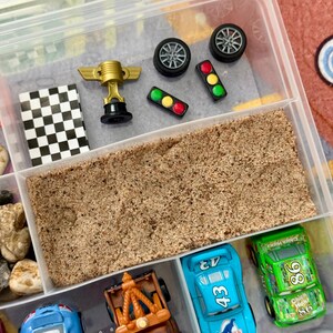 May include: A clear plastic container with compartments filled with toy car accessories. Includes miniature race cars, a gold trophy, checkered flag, traffic lights, and toy car wheels. The cars are blue, green, and brown.