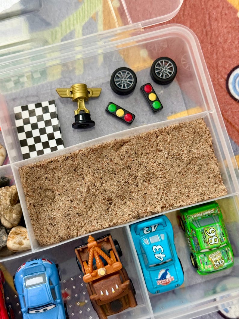 May include: A clear plastic container with compartments filled with toy car accessories. Includes miniature race cars, a gold trophy, checkered flag, traffic lights, and toy car wheels. The cars are blue, green, and brown.