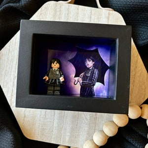 Wednesday Addams inspired 3x4” Lego shadow box- Addams family- Halloween- office decor- Halloween decor- shadow boxes- legos- minifigures