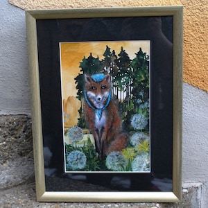 Madame Fox - hand-painted unique watercolor painting 30 x 40 cm in orange tones with passepartout and frame
