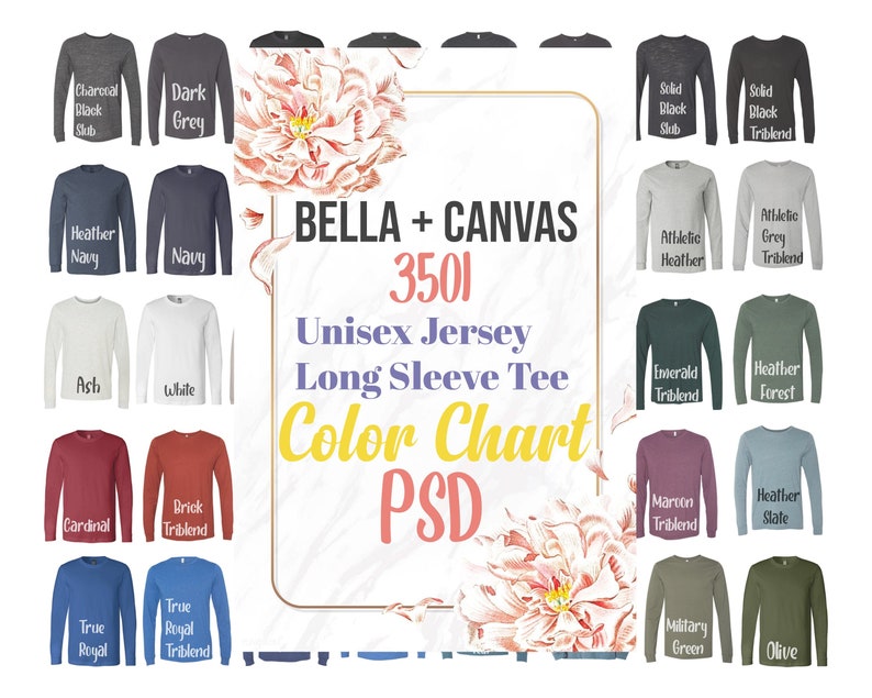 Bella Canvas 3501 Color Chart 40 colors PSD Editable | Etsy