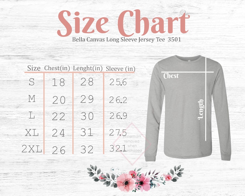 Bella Canvas 3501 Size Chart Long Sleeve Athletic Grey | Etsy