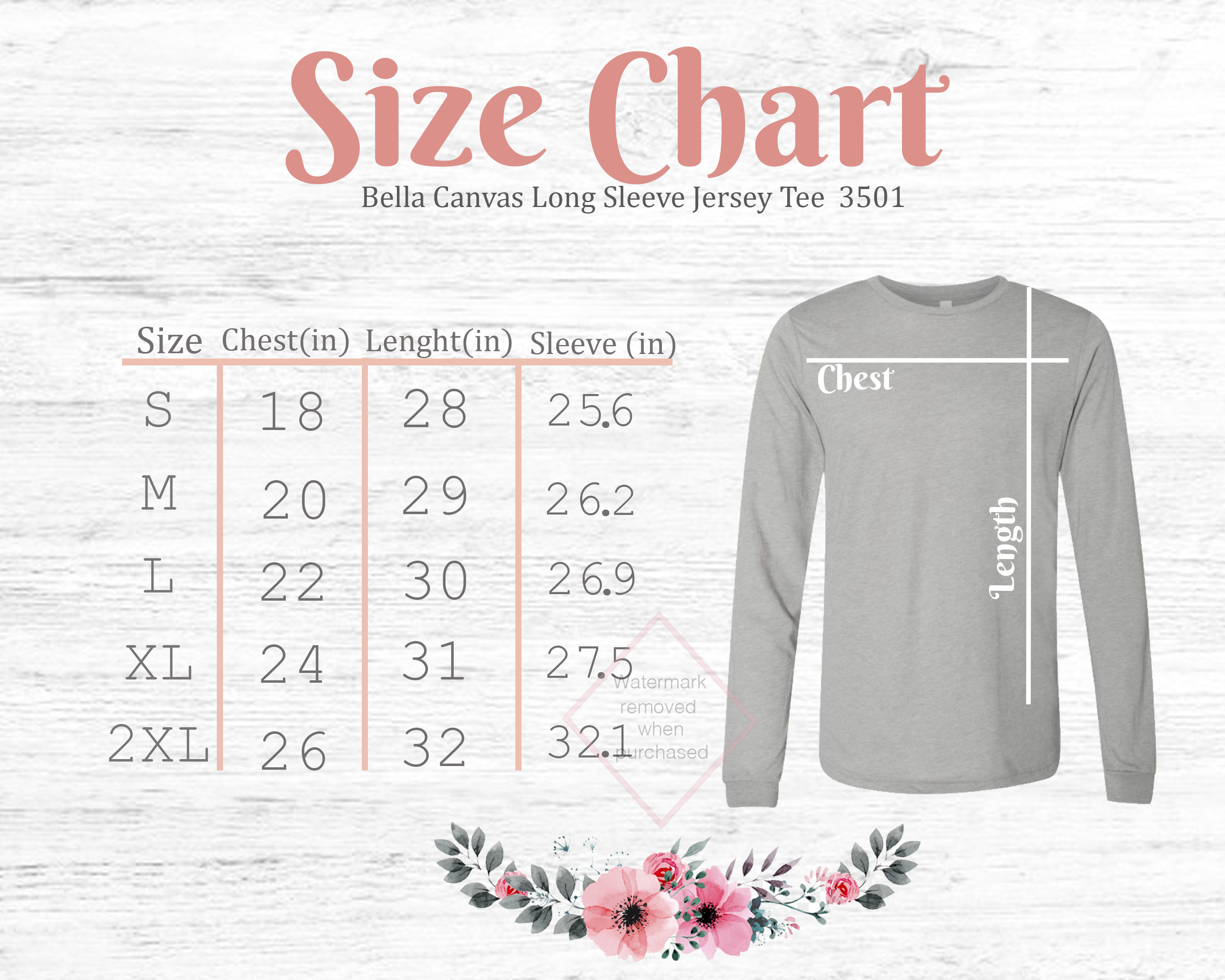bella canvas long sleeve size chart