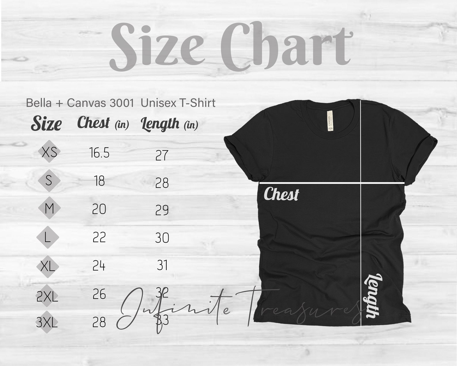 3001 Size Chart Bella Canvas Unisex Size Guide | Etsy