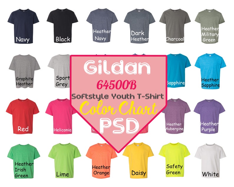 Gildan 64500B Color Chart 24 Colors softstyle Youth T-shirt | Etsy