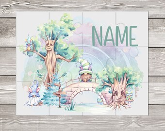 May include: A watercolor illustration of a whimsical forest scene with gnomes, a bridge, and trees. The text "NAME" is written in green at the top of the image.