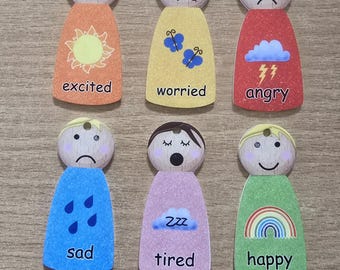 Set of 6 Acrylic Feelings and Emotions Peg Dolls for Kids, Mood Identifers For Home, Classroom, SEN, Therapy. ADHD Tool, Autism Tool