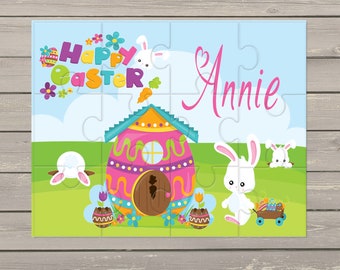 May include: A colorful Easter-themed puzzle featuring a bunny, a house shaped like an egg, and the words "Happy Easter" and "Annie".