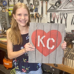Vintage KC Heart Sign in Red-Gray for Kansas City Chiefs | Charlie Hustle KC Heart Pallet Wood | Handmade by 13 year old maker