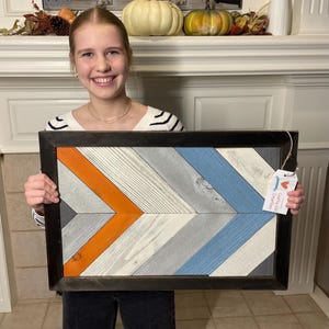 Upcycled Pallet Wood Chevron Wall Art &quot;Seaside&quot; | Mosaic Pallet Wood Wall Decor 26&quot; x 17&quot; | Handmade by 15 Year Old Maker
