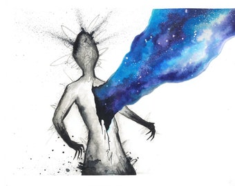 May include: A black and white illustration of a person with a galaxy bursting out of their back. The galaxy is painted in shades of blue and purple.