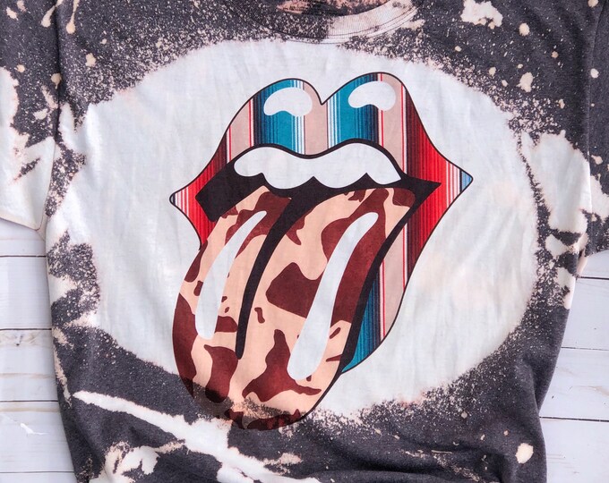 Serape Tongue t-shirt Rock and roll Bleached T-shirt,cowhide Bleached t-shirt,Country t-shirt,Bleach Dye t-shirt