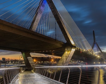 Zakim Bridge heading into Boston at sunrise fine art print, acrylic, metal