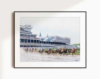Impressão artística do Kentucky Derby | Pintura a óleo sobre corrida de cavalos | Decoração equestre
